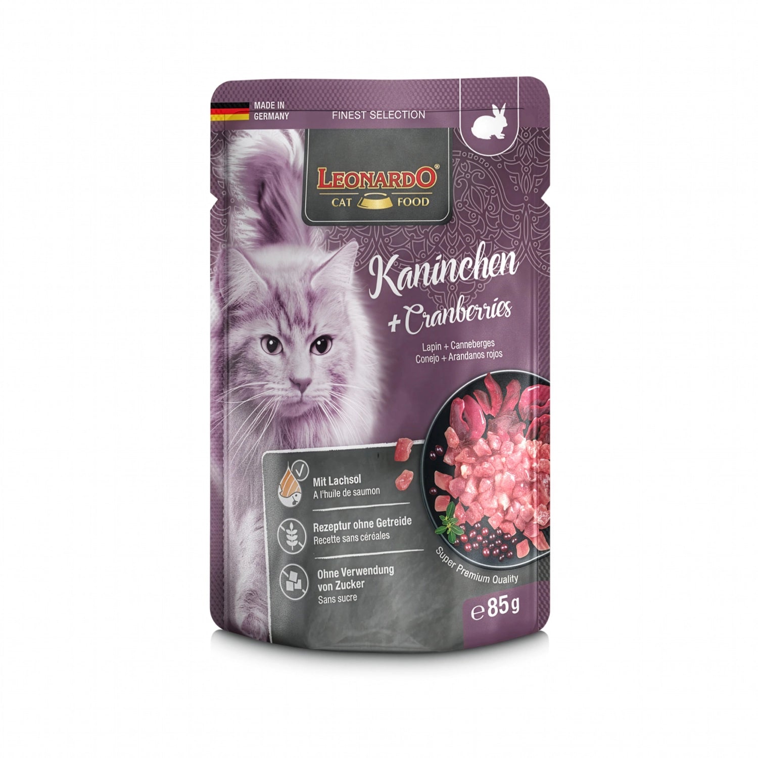Leonardo Pouch Conejo y Arándano alimento húmedo para gatos, receta premium con conejo y arándanos rojos.