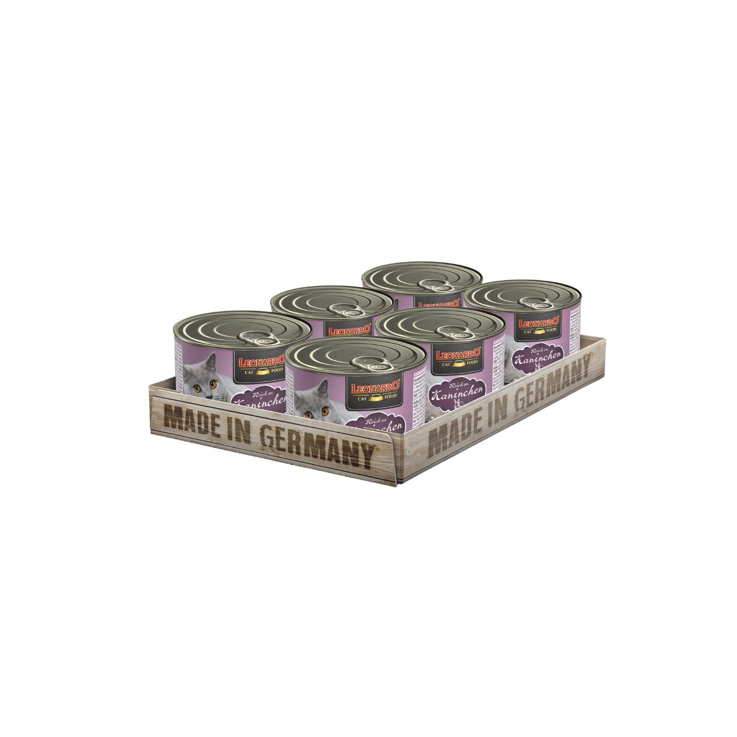 Leonardo Lata de Conejo alimento húmedo para gatos pack 6 latas , envase lila con imagen de gato gris y receta rica en conejo.