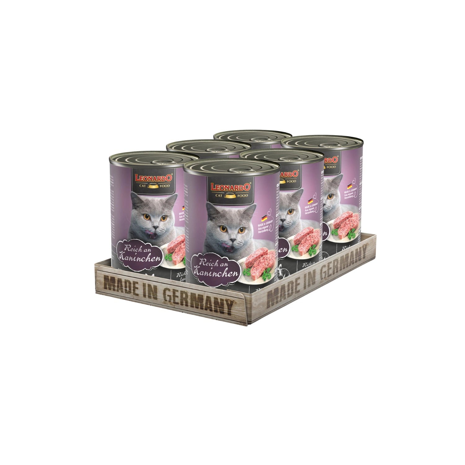 Leonardo Lata de Conejo alimento húmedo para gatos pack 6 latas , envase lila con imagen de gato gris y receta rica en conejo.