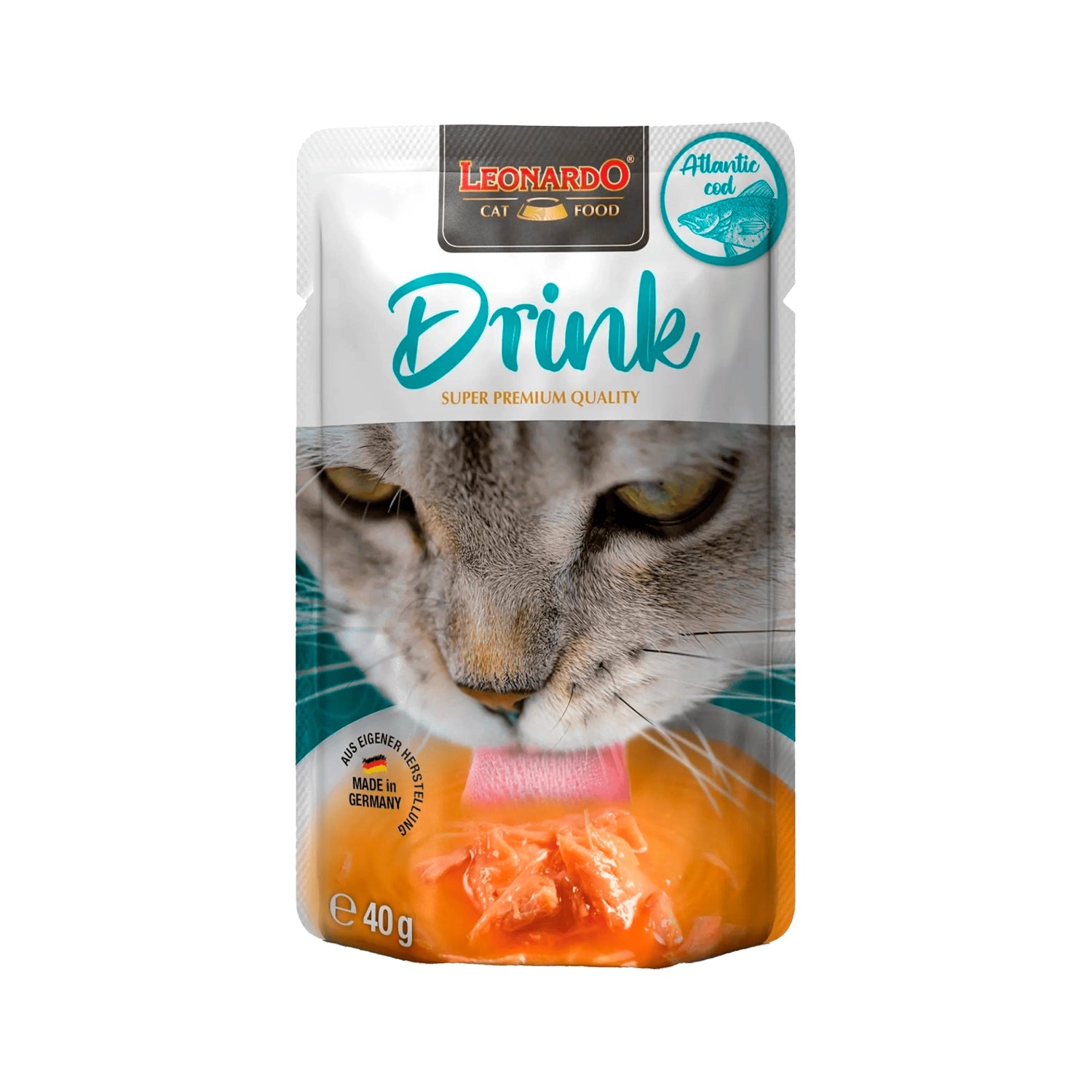 Leonardo Pouch Drink Bacalao del Atlántico para gatos, snack líquido con caldo y trozos de pescado en envase individual.