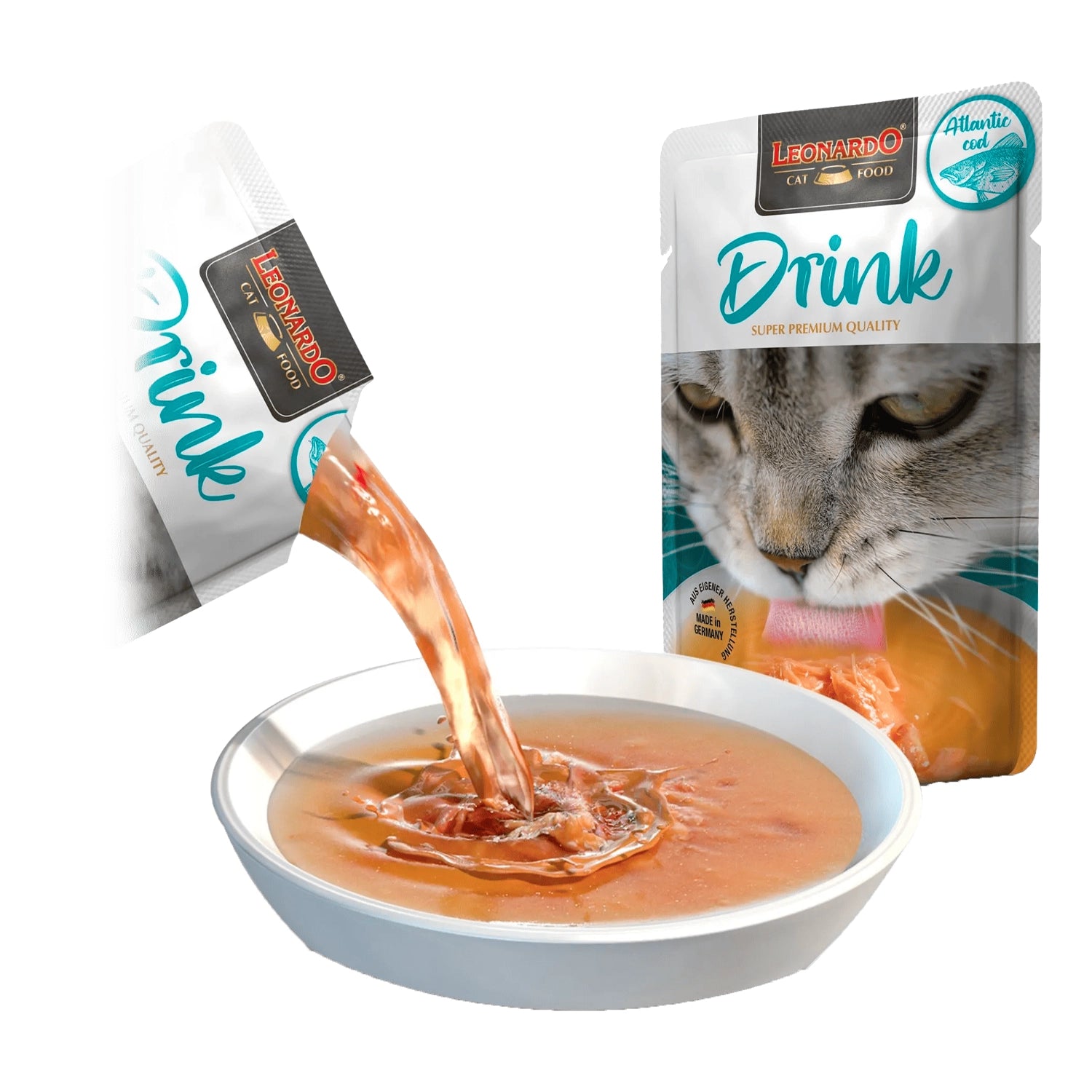 Leonardo Pouch Drink Bacalao del Atlántico para gatos, snack líquido con caldo y trozos de pescado en envase individual.