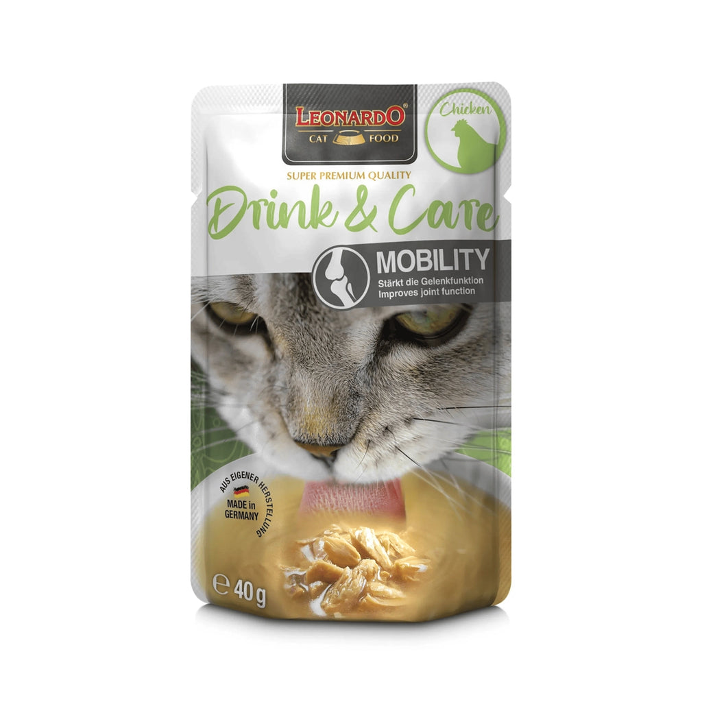 Leonardo Pouch Drink & Care Mobility con pollo para gatos, bebida funcional para la movilidad y salud de las articulaciones.