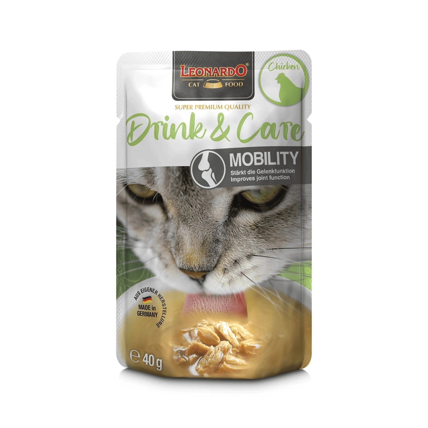 Leonardo Pouch Drink & Care Mobility con pollo para gatos, bebida funcional para la movilidad y salud de las articulaciones.