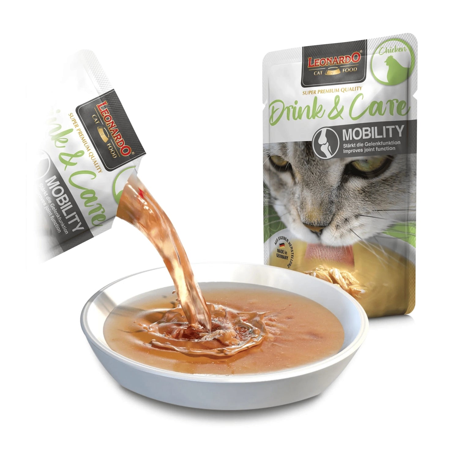 Leonardo Pouch Drink & Care Mobility con pollo para gatos, bebida funcional para la movilidad y salud de las articulaciones.