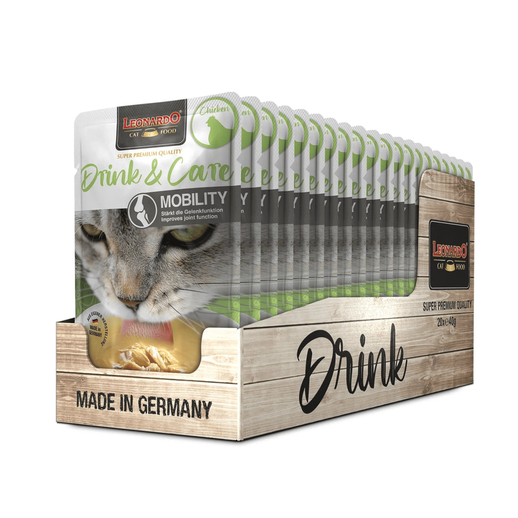 Leonardo Pouch Drink & Care Mobility con pollo para gatos, bebida funcional para la movilidad y salud de las articulaciones.
