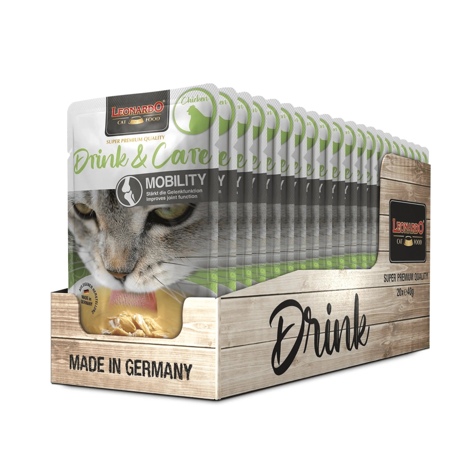 Leonardo Pouch Drink & Care Mobility con pollo para gatos, bebida funcional para la movilidad y salud de las articulaciones.