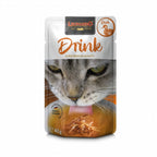 Leonardo Pouch Drink Pato snack líquido para gatos, envase blanco con gato gris y caldo con carne de pato.