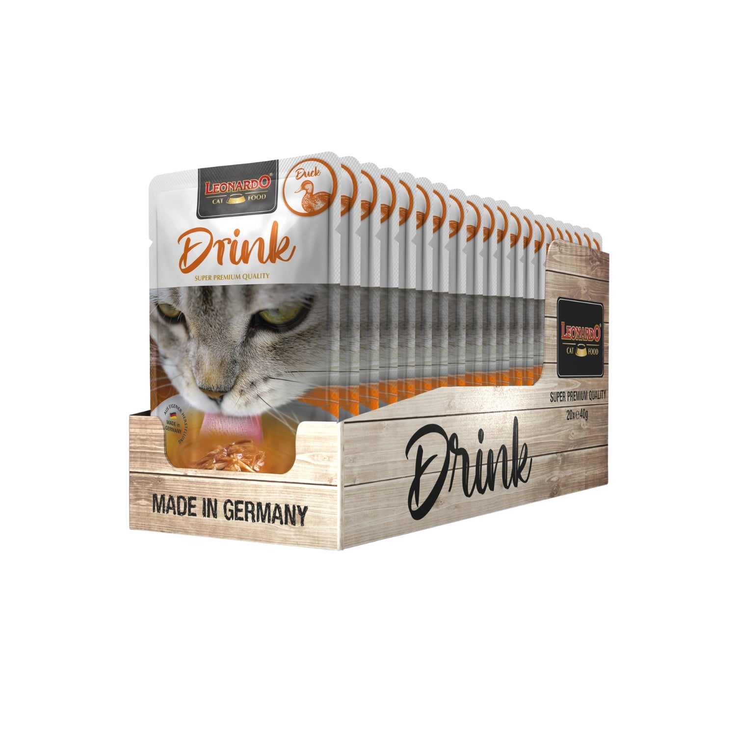 Leonardo Pouch Drink Pato snack líquido para gatos, envase blanco con gato gris y caldo con carne de pato.