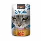 Leonardo Pouch Drink Salmón snack líquido para gatos, envase blanco con gato gris y caldo con salmón.