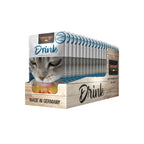 Leonardo Pouch Drink Salmón snack líquido para gatos pack , envase blanco con gato gris y caldo con salmón.