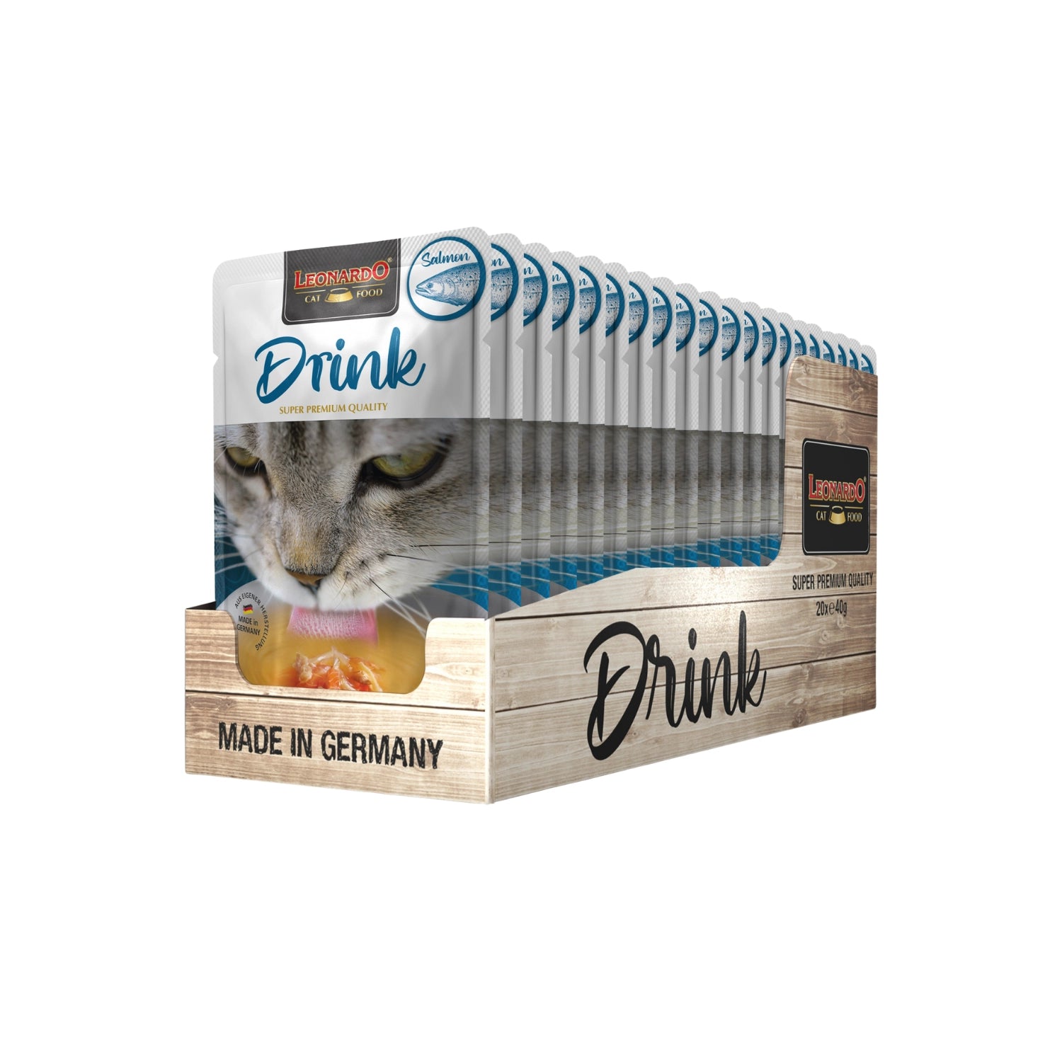 Leonardo Pouch Drink Salmón snack líquido para gatos pack , envase blanco con gato gris y caldo con salmón.