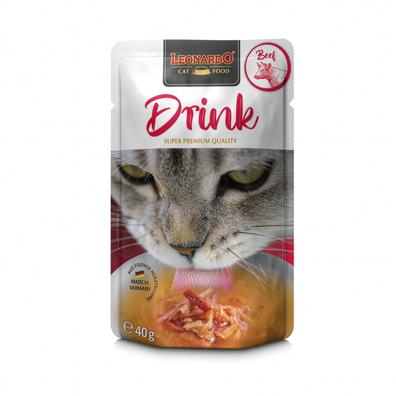 Leonardo Pouch Drink Ternera snack líquido para gatos, envase blanco con gato gris y caldo con carne de ternera.