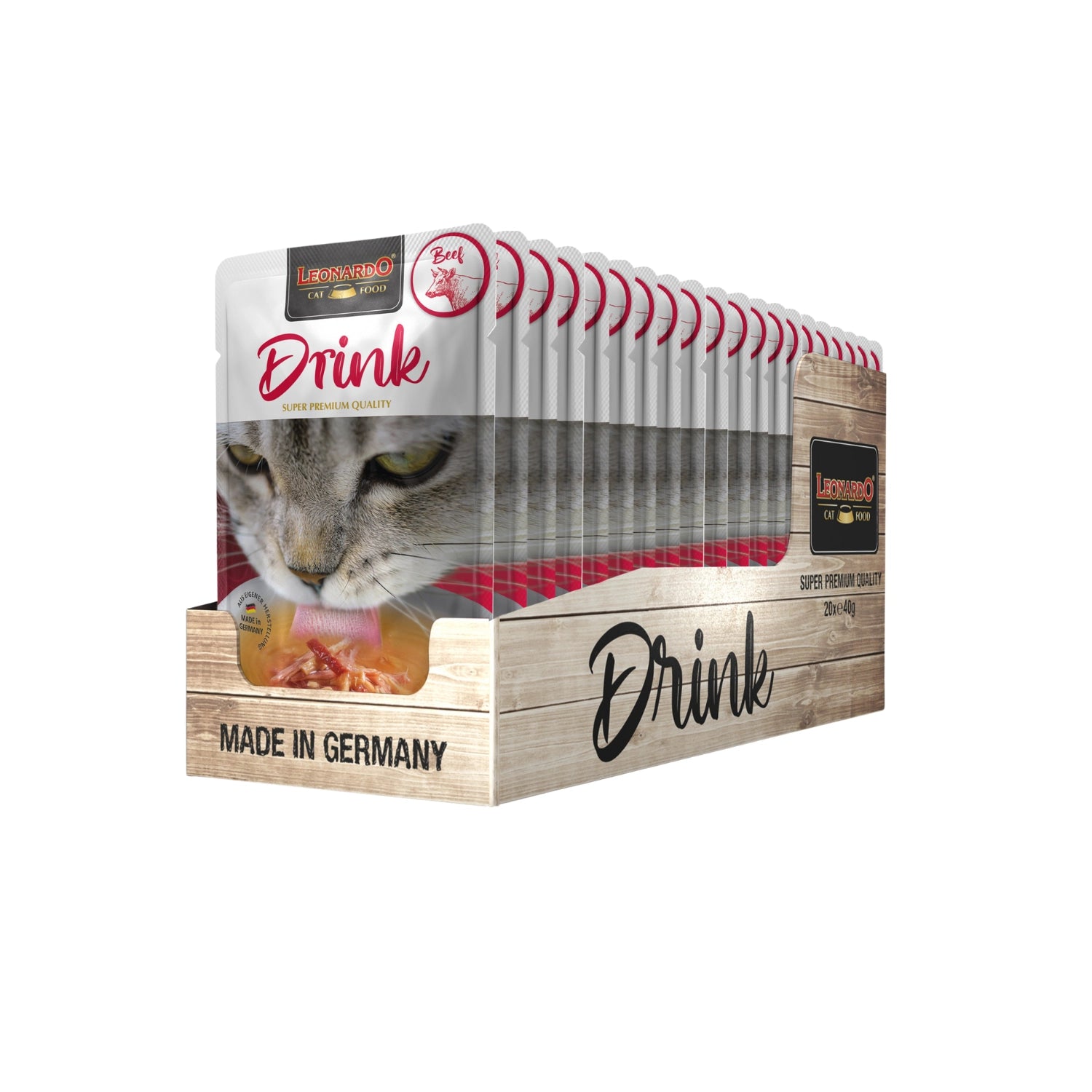 Leonardo Pouch Drink Ternera snack líquido para gatos pack 20, envase blanco con gato gris y caldo con carne de ternera.