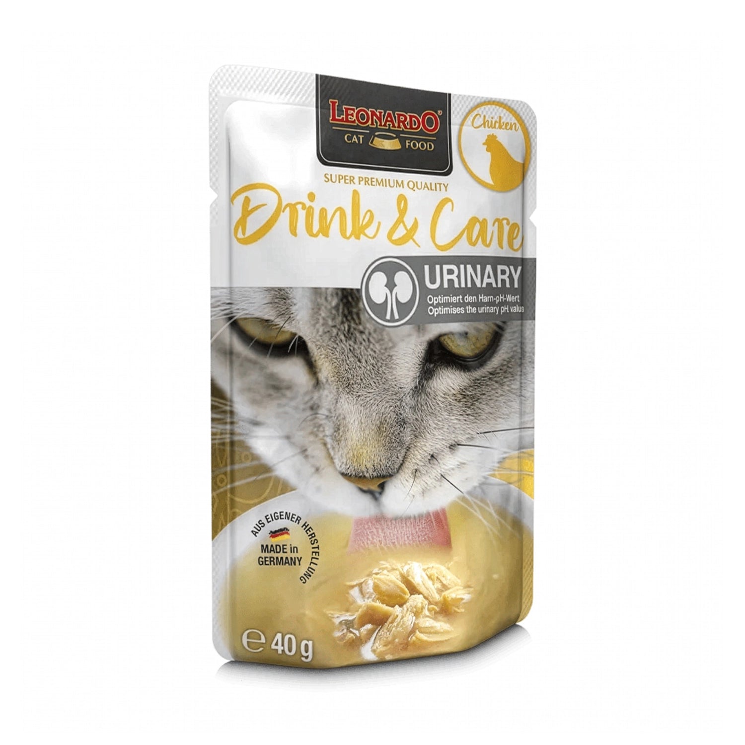Leonardo Pouch Drink & Care Urinary para gatos, suplemento líquido con pollo que ayuda al equilibrio del sistema urinario.