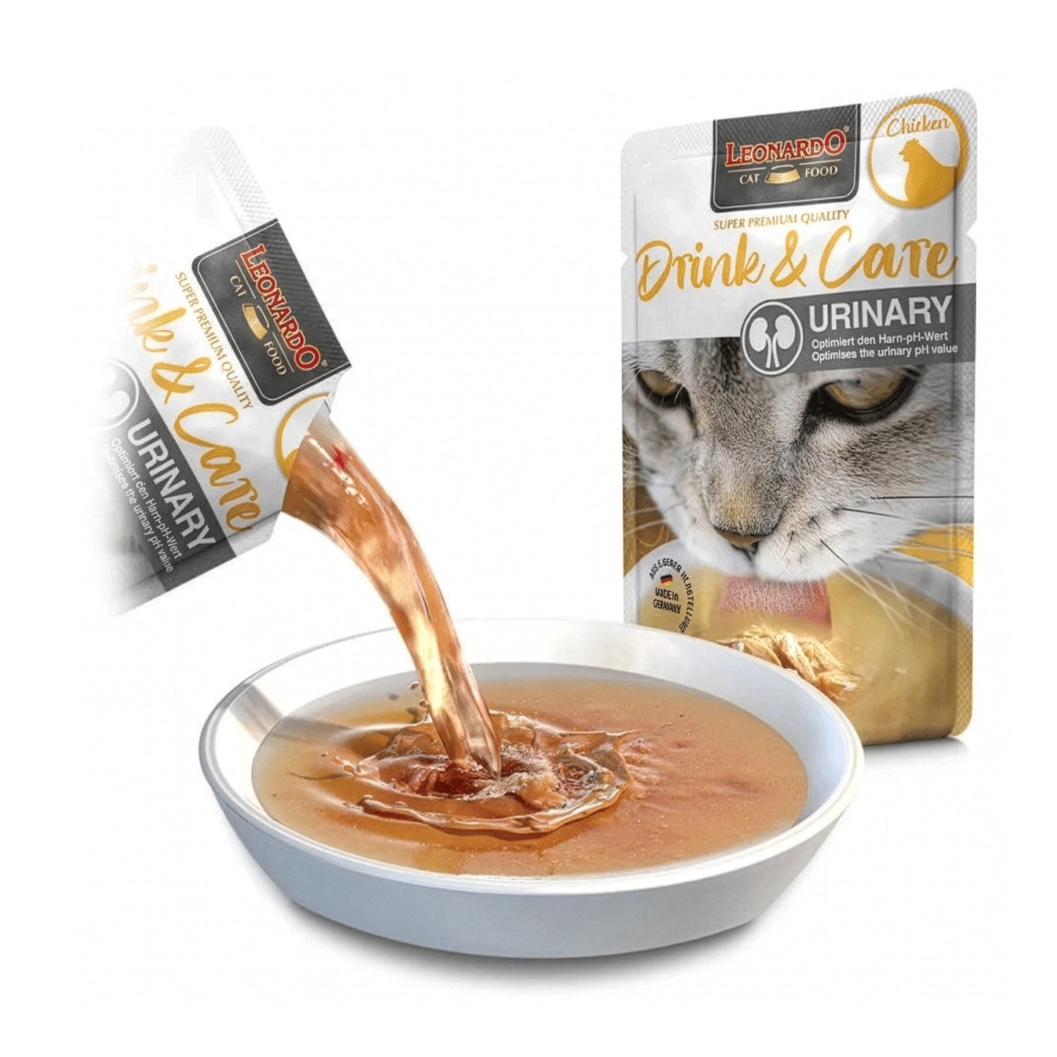 Leonardo Pouch Drink & Care Urinary para gatos, suplemento líquido con pollo que ayuda al equilibrio del sistema urinario.