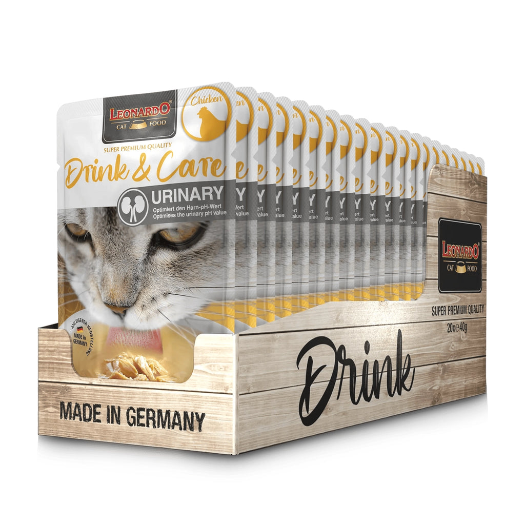 Leonardo Pouch Drink & Care Urinary para gatos, suplemento líquido con pollo que ayuda al equilibrio del sistema urinario.