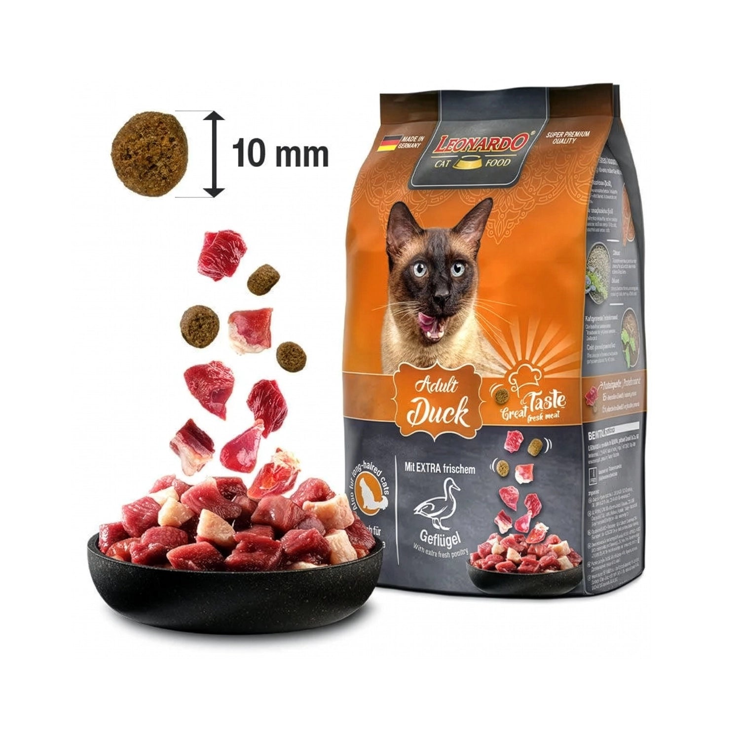 Leonardo Gato Adulto Pato alimento seco premium, bolsa negra y naranja con gato siamés y trozos de carne de pato.