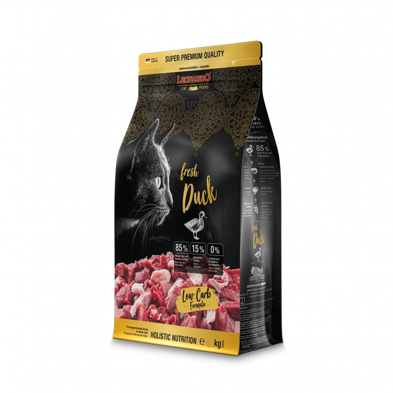Leonardo Fresh Pato alimento seco premium para gatos, bolsa negra con pato fresco y fórmula low carb grain free.