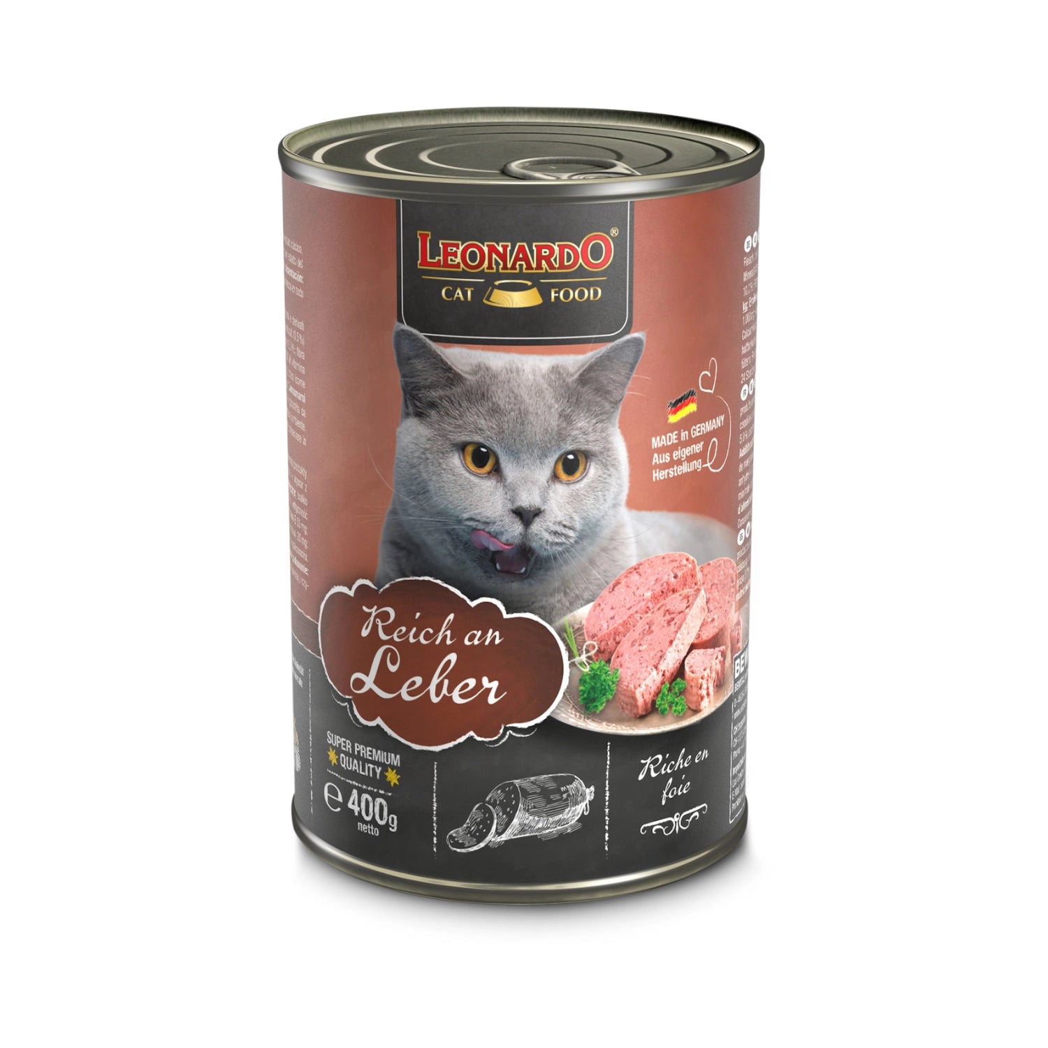 Lata Leonardo Lata de Higado para gatos adultos 400 g, diseño café con retrato de gato gris y proteína de hígado.