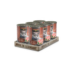 Lata Leonardo Lata de Higado para gatos adultos pack 6 latas, diseño café con retrato de gato gris y proteína de hígado.