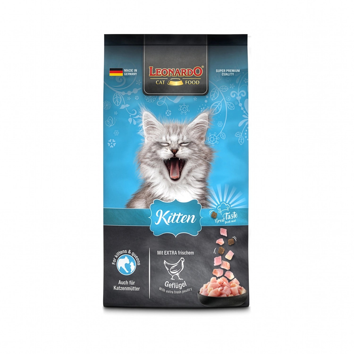 Leonardo para Gatitos alimento seco premium para kittens, bolsa azul con pollo fresco y fórmula nutritiva.