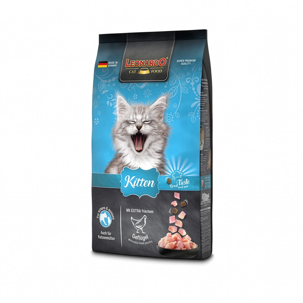 Leonardo para Gatitos alimento seco premium para kittens, bolsa azul con pollo fresco y fórmula nutritiva.