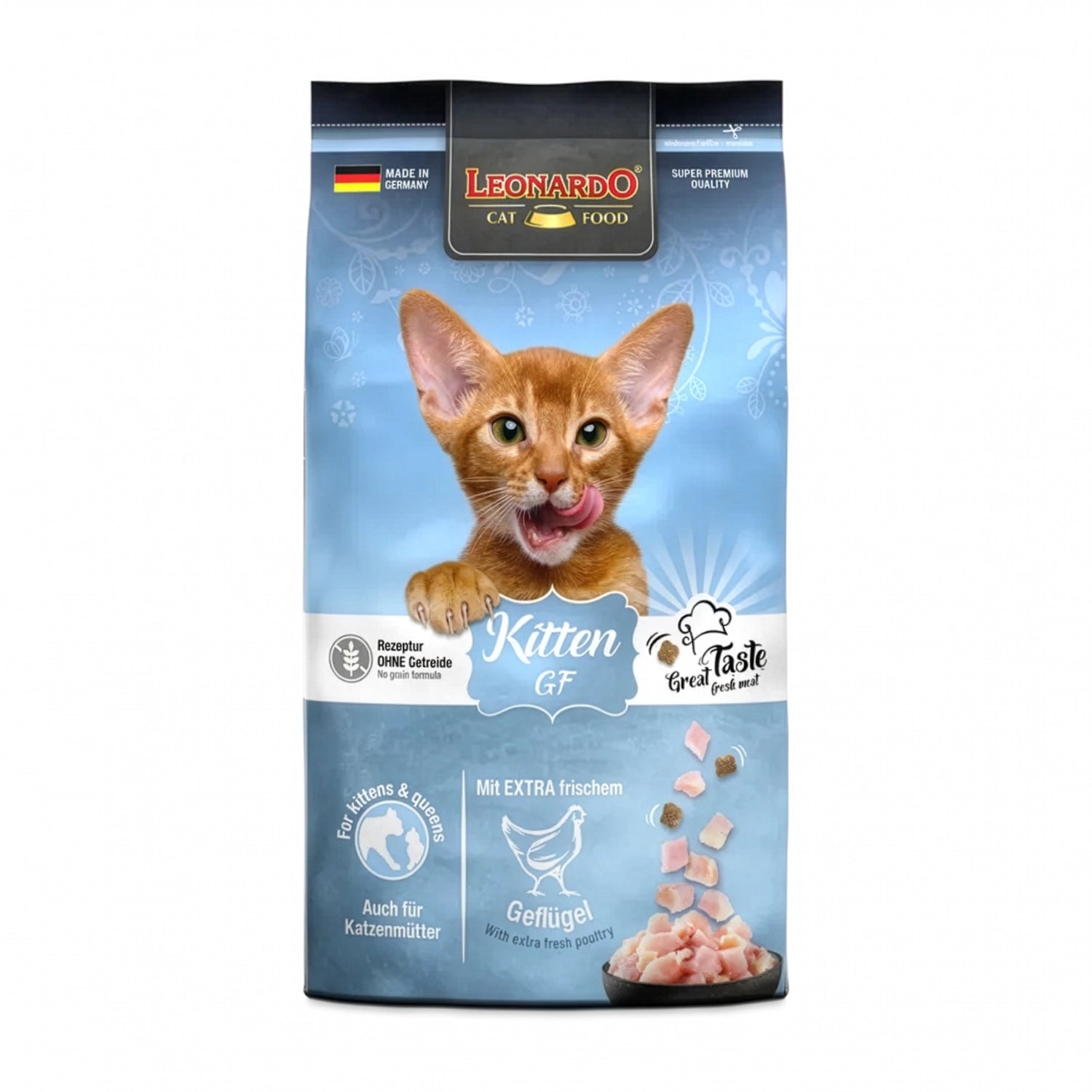 Leonardo GF para Gatitos alimento seco grain free para kittens, bolsa azul con pollo fresco y receta premium.