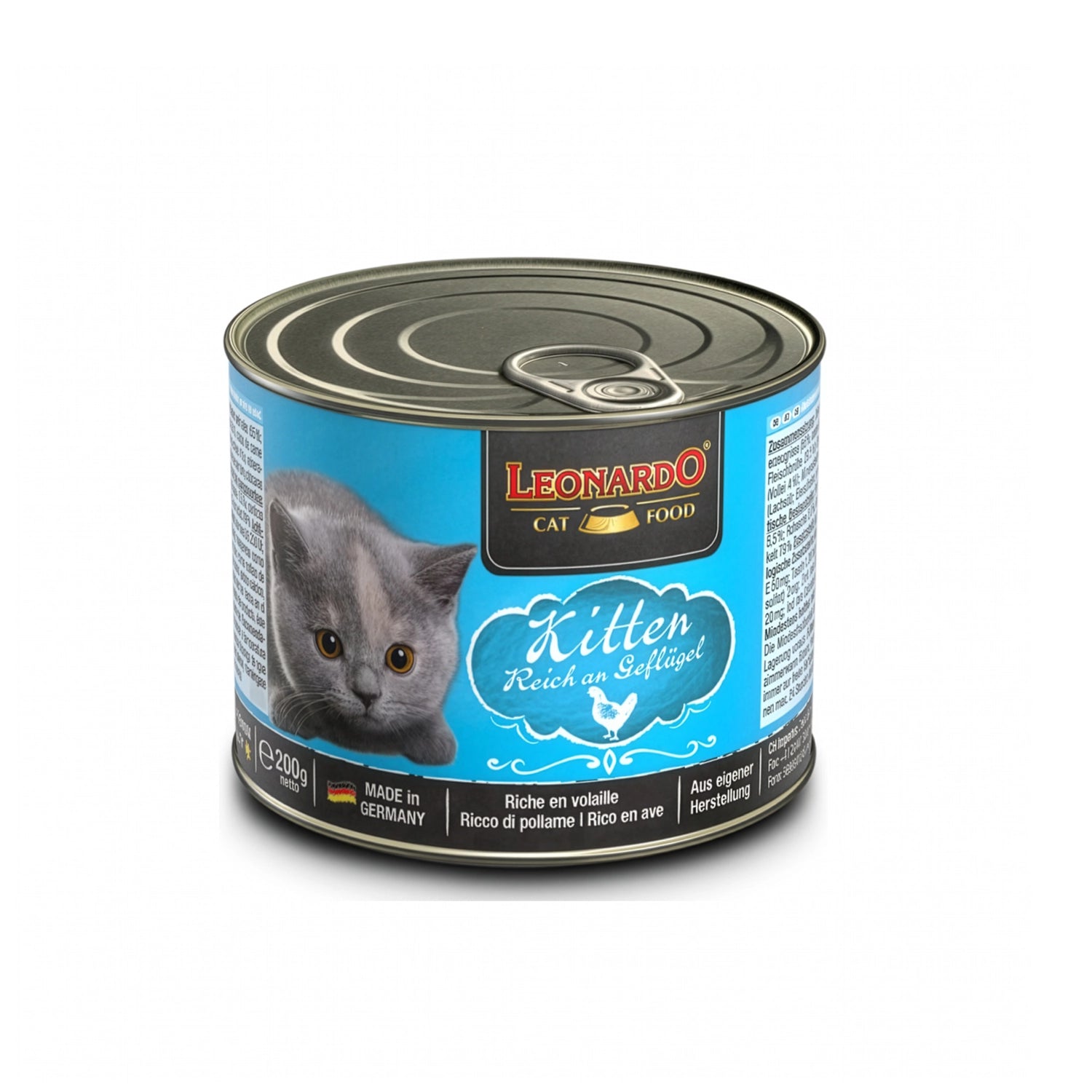 Lata Leonardo Lata Gatitos para gatos pequeños 200 g, diseño azul con gatito gris y proteína de ave premium.
