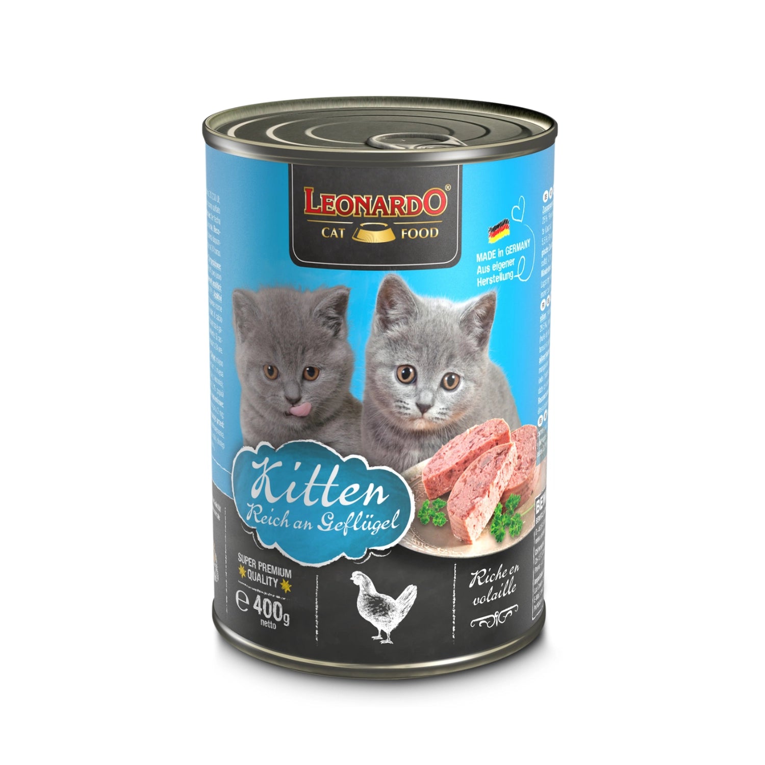 Lata Leonardo Lata Gatitos para gatos pequeños 400 g, diseño azul con gatito gris y proteína de ave premium.