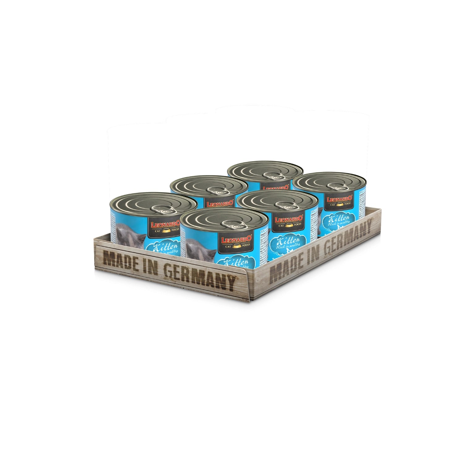 Lata Leonardo Lata Gatitos para gatos pequeños 6 pack, diseño azul con gatito gris y proteína de ave premium.
