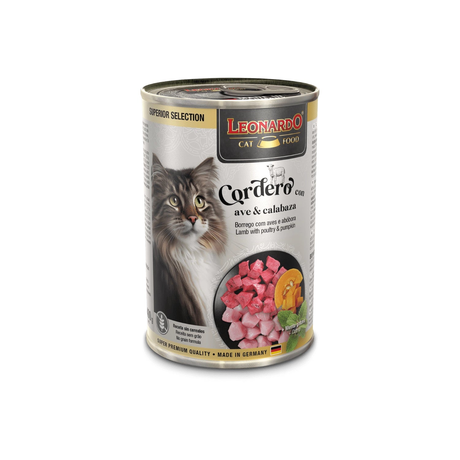 Leonardo Lata Superior Selection Cordero con Ave y Calabaza, lata premium con gato y trozos de carne y calabaza.