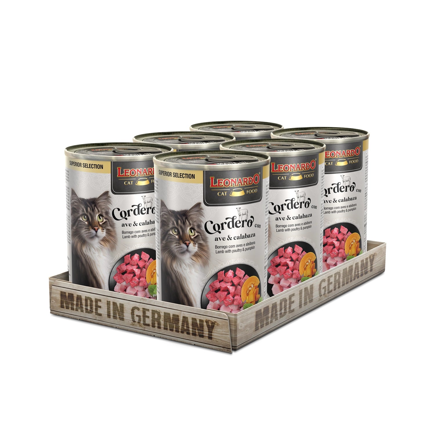 Leonardo Lata Superior Selection Cordero con Ave y Calabaza pack 6 , lata premium con gato y trozos de carne y calabaza.