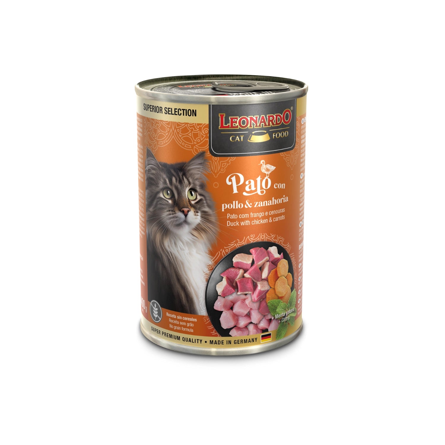 Leonardo Lata Superior Selection Pato con Pollo y Zanahoria, lata premium con gato y trozos de carne y zanahoria.
