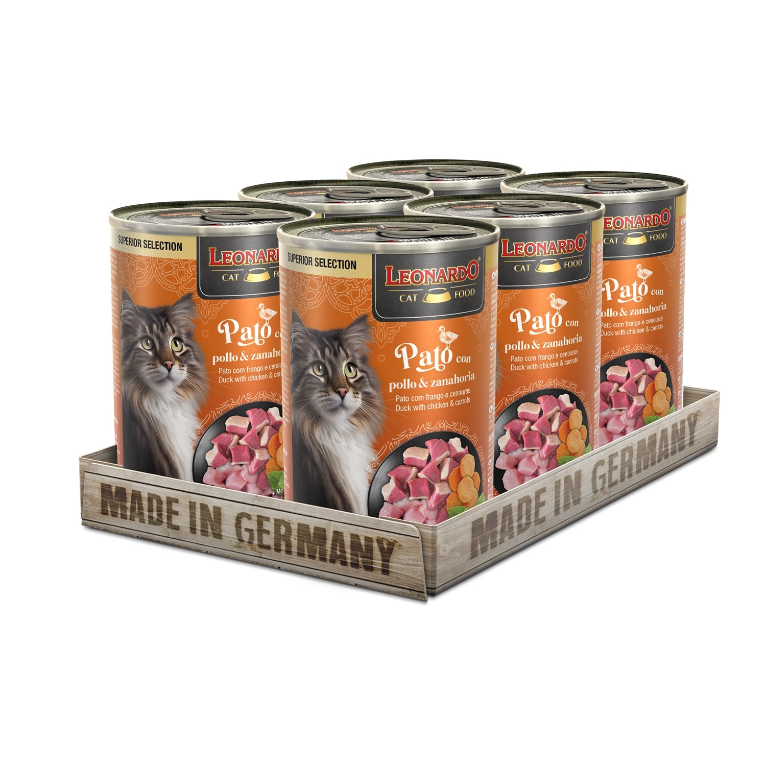 Leonardo Lata Superior Selection Pato con Pollo y Zanahoria pack 6, lata premium con gato y trozos de carne y zanahoria.