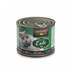 Lata Leonardo Lata Pato para gatos adultos 200 g, diseño verde con retrato de gato gris y proteína de pato premium.