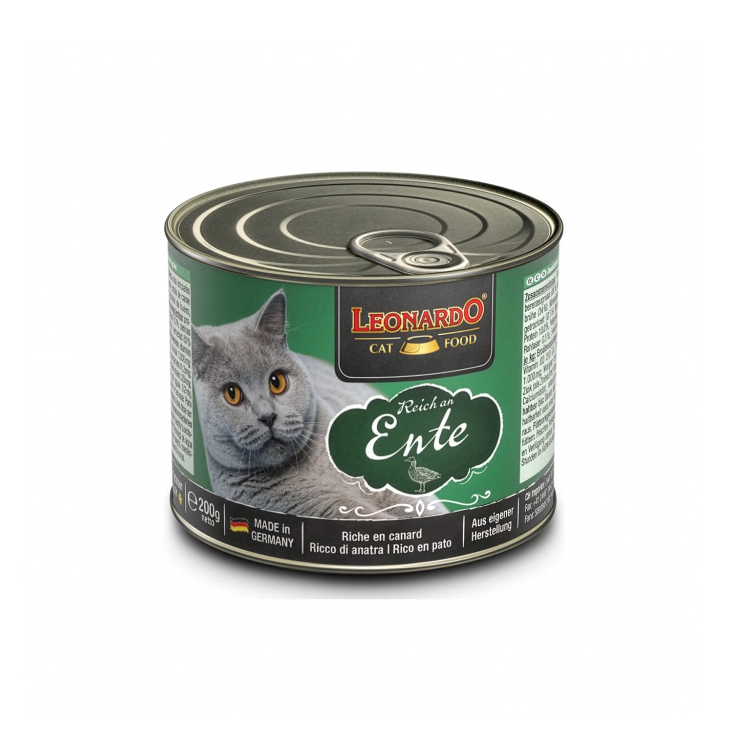 Lata Leonardo Lata Pato para gatos adultos 200 g, diseño verde con retrato de gato gris y proteína de pato premium.