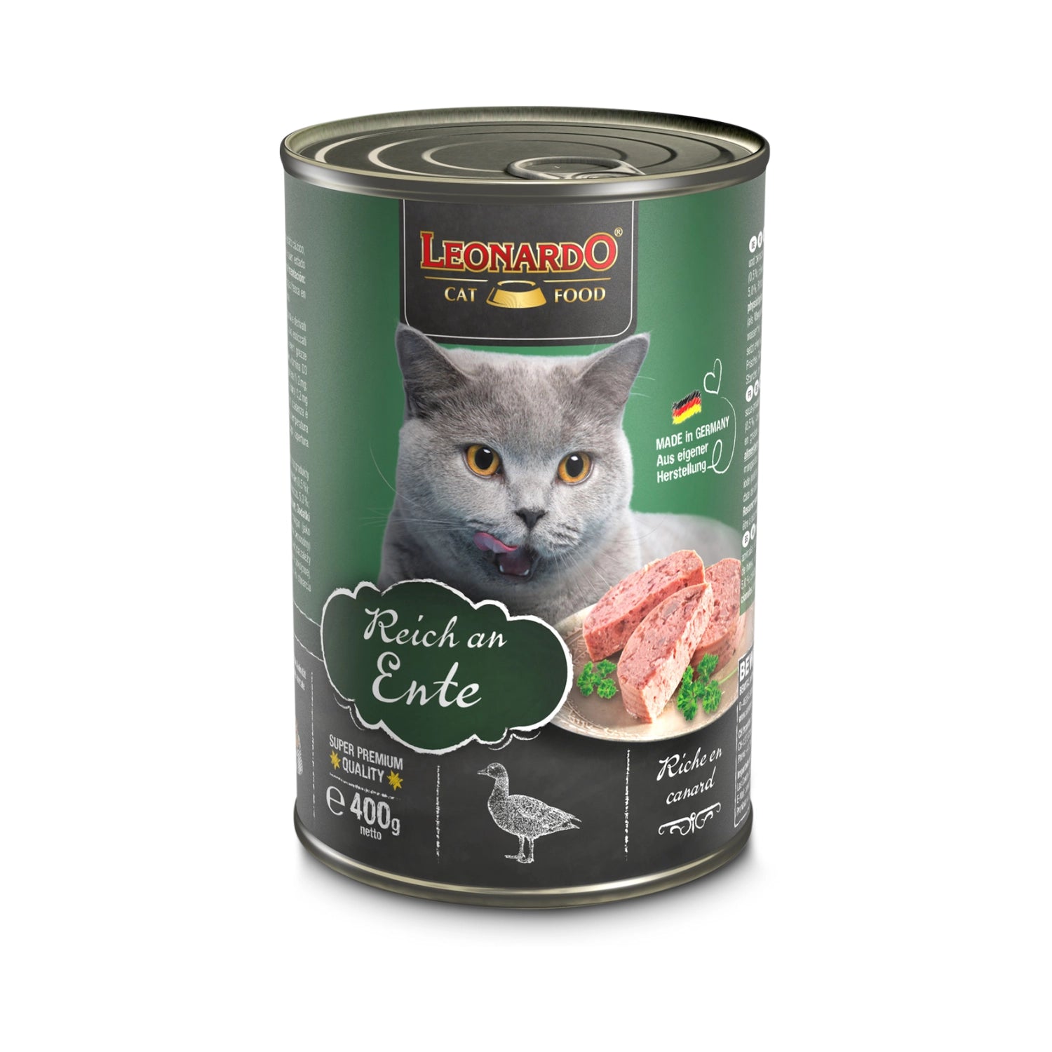 Lata Leonardo Lata Pato para gatos adultos 400 g, diseño verde con retrato de gato gris y proteína de pato premium.