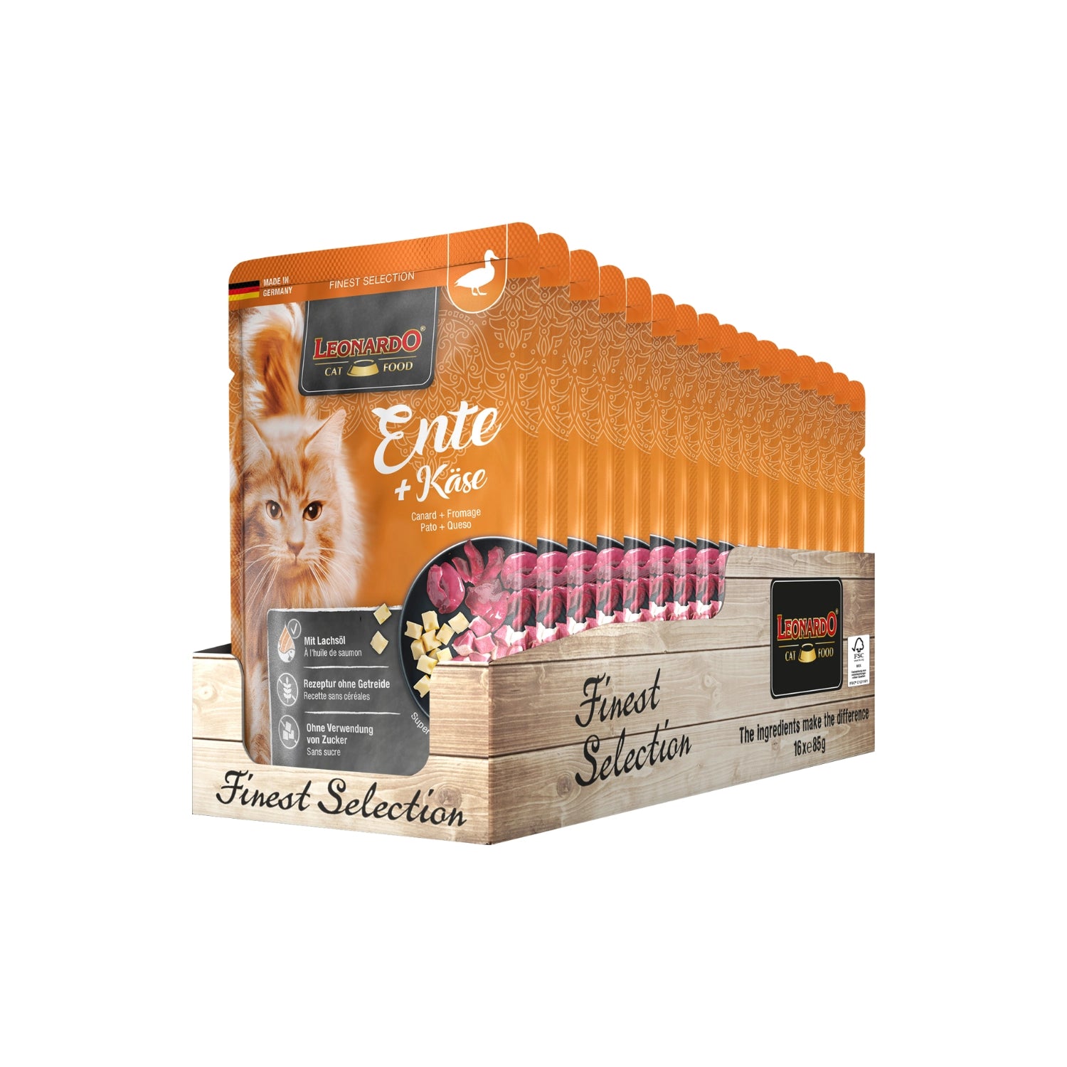 Leonardo Pouch Pato y Queso alimento húmedo para gatos, pouch premium con trozos de pato y queso cremoso.