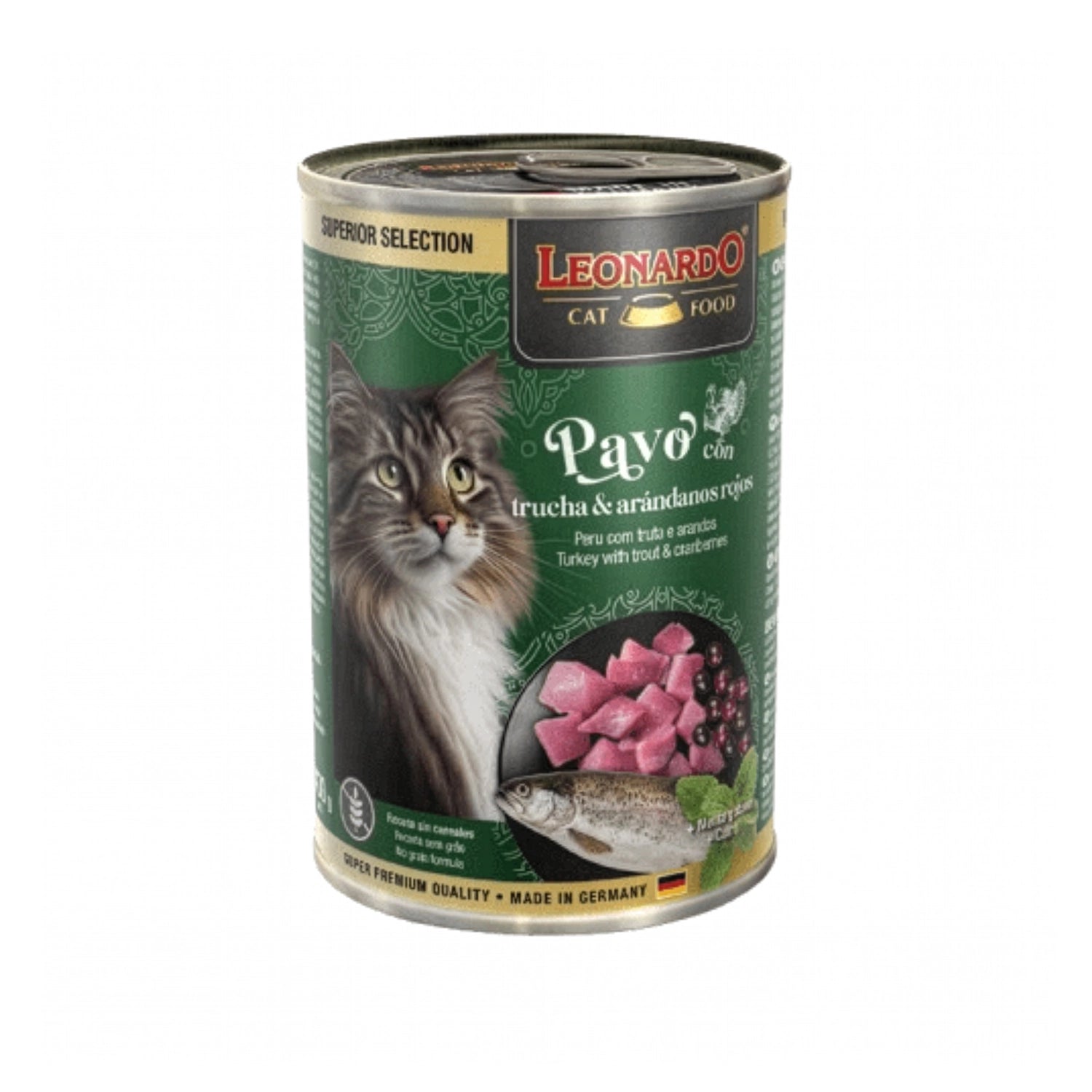 Lata Leonardo Lata Superior Selection Pavo con Trucha y Arándanos para gatos, receta gourmet con pescado y pavo.