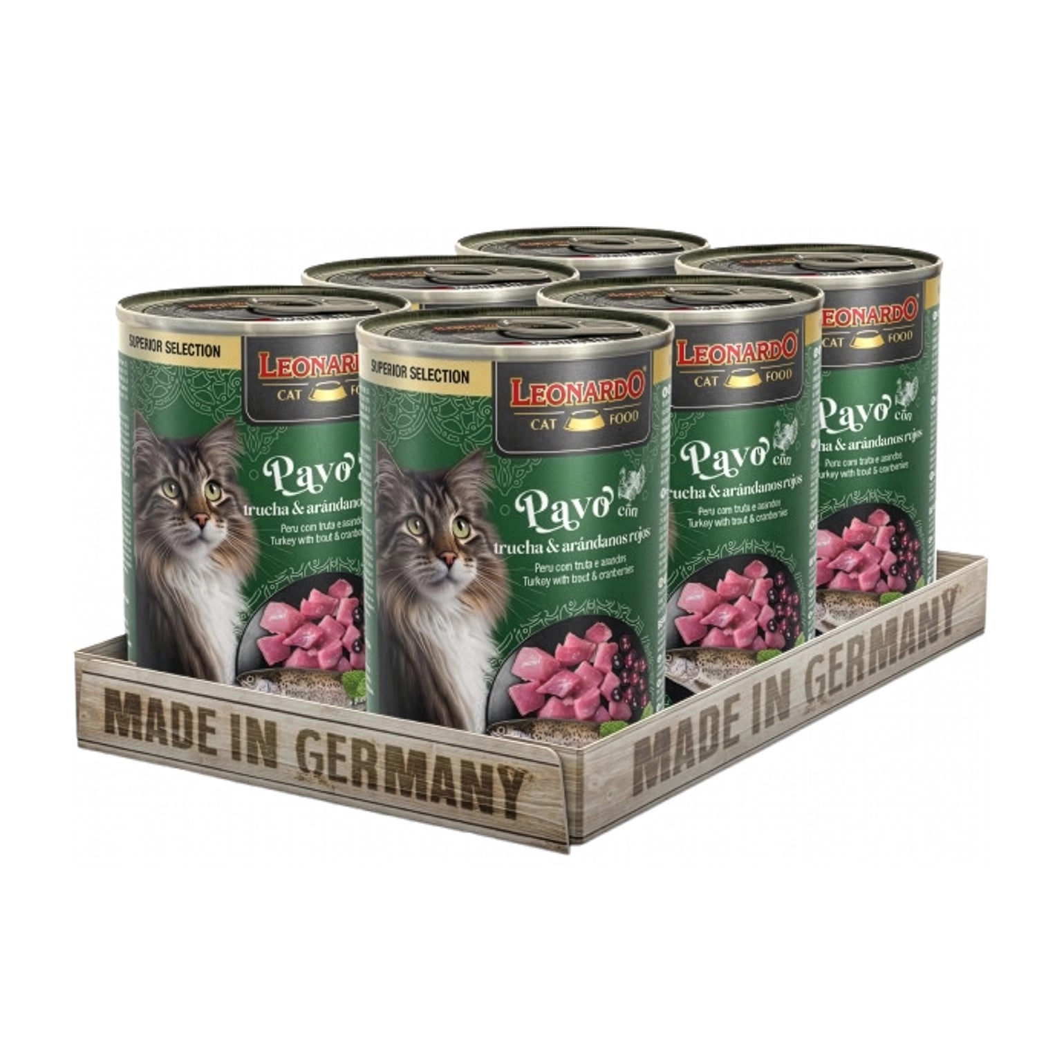Lata Leonardo Lata Superior Selection Pavo con Trucha y Arándanos para gatos, receta gourmet con pescado y pavo.