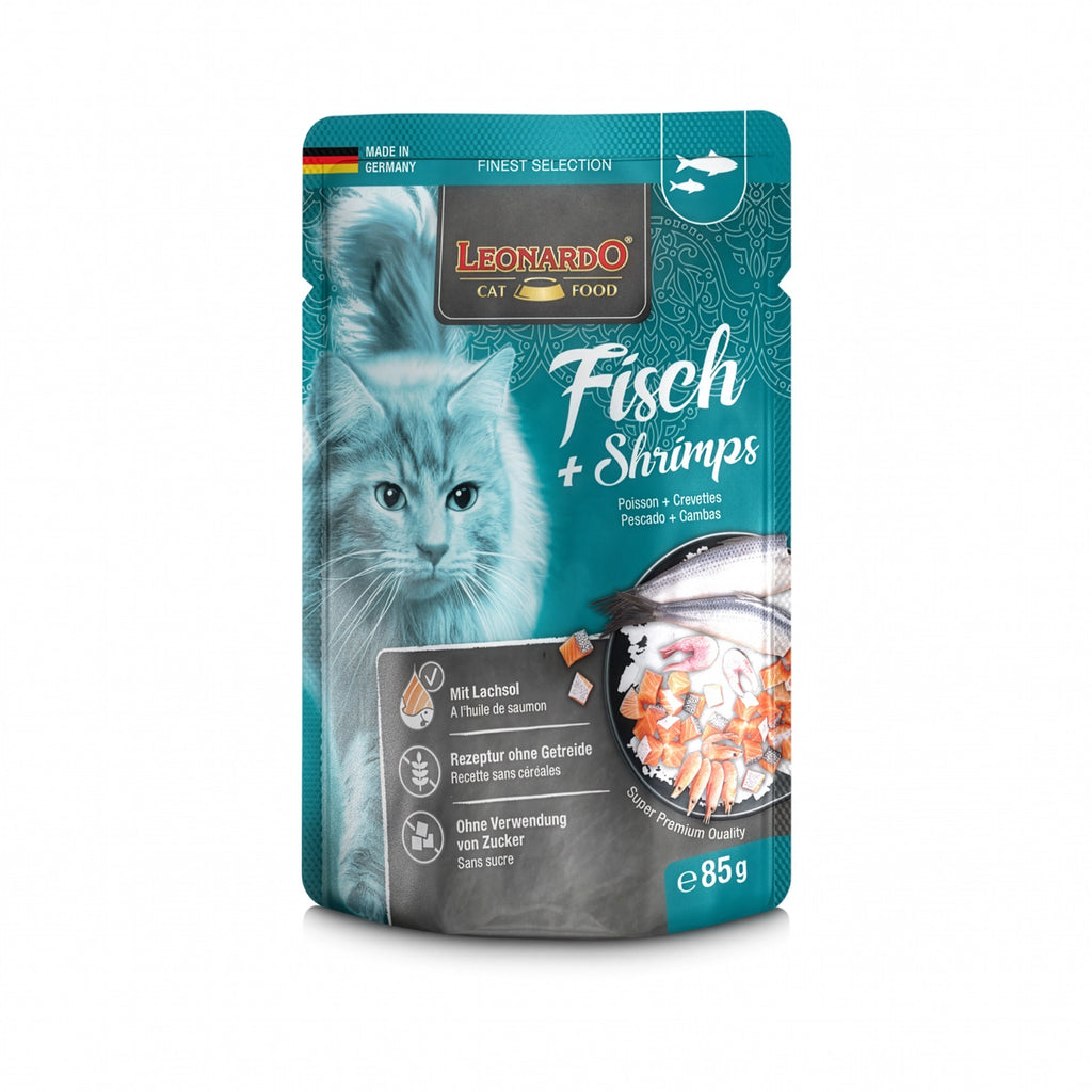 Leonardo Pouch Pescado y Camarones alimento húmedo para gatos, receta premium con pescado y camarones.