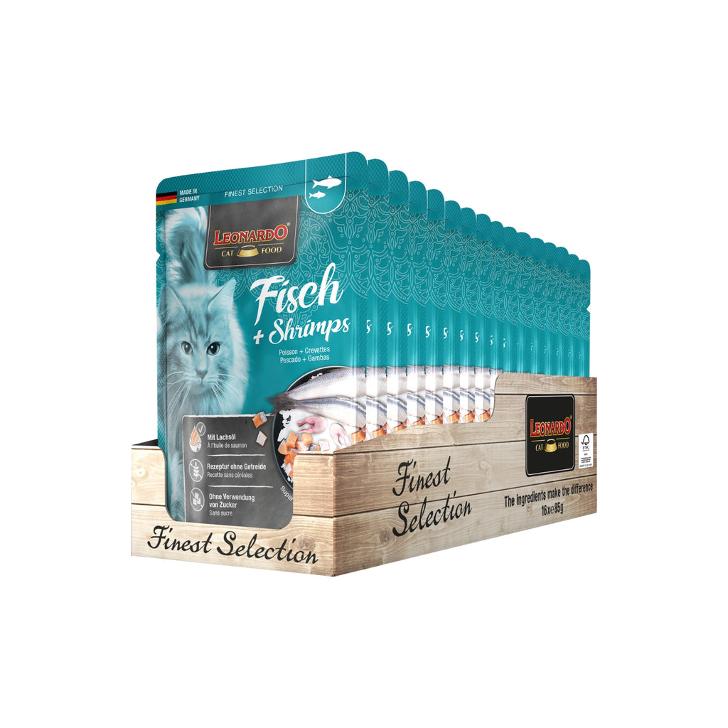 Leonardo Pouch Pescado y Camarones alimento húmedo para gatos pack , receta premium con pescado y camarones.