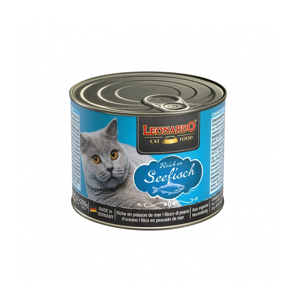 Leonardo Lata de Pescado alimento húmedo para gatos 200 g, envase azul con gato gris y receta rica en pescado de mar.