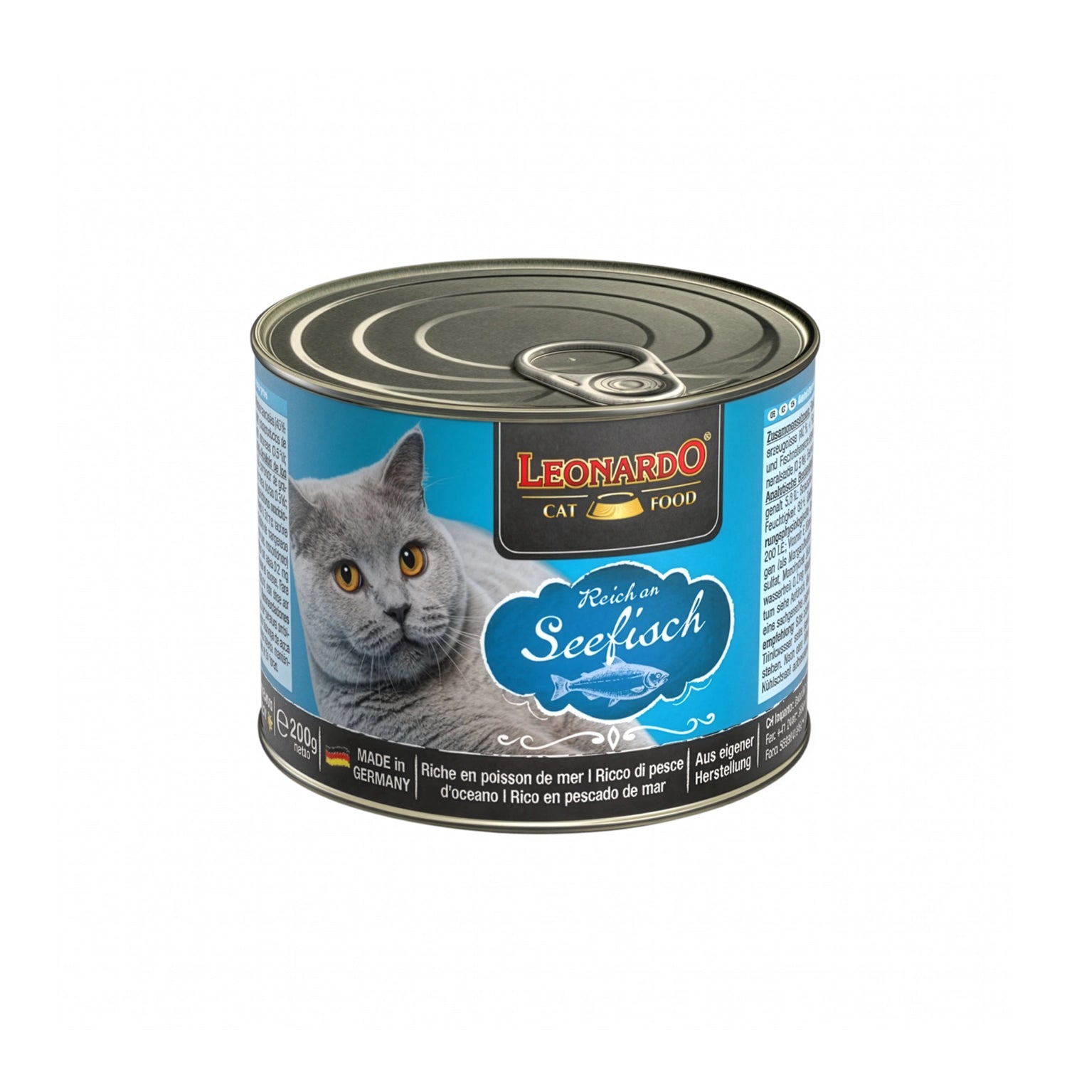 Leonardo Lata de Pescado alimento húmedo para gatos 200 g, envase azul con gato gris y receta rica en pescado de mar.