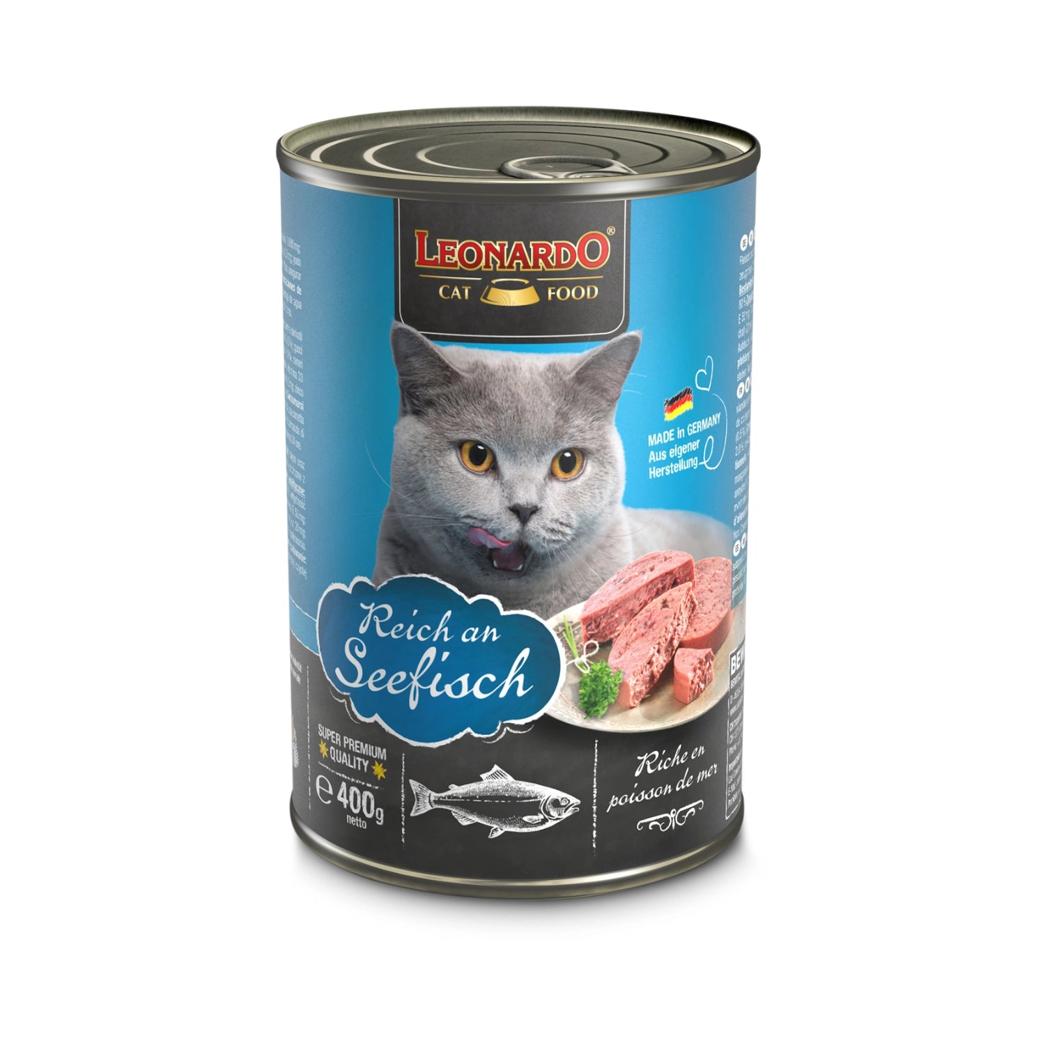 Leonardo Lata de Pescado alimento húmedo para gatos 400 g, envase azul con gato gris y receta rica en pescado de mar.