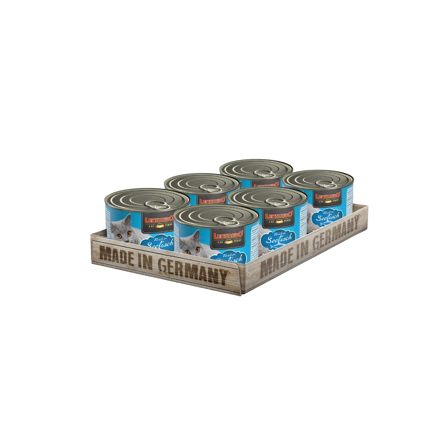 Leonardo Lata de Pescado alimento húmedo para gatos pack de 6 latas, envase azul con gato gris y receta rica en pescado de mar.