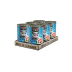 Leonardo Lata de Pescado alimento húmedo para gatos pack de 6 latas, envase azul con gato gris y receta rica en pescado de mar.