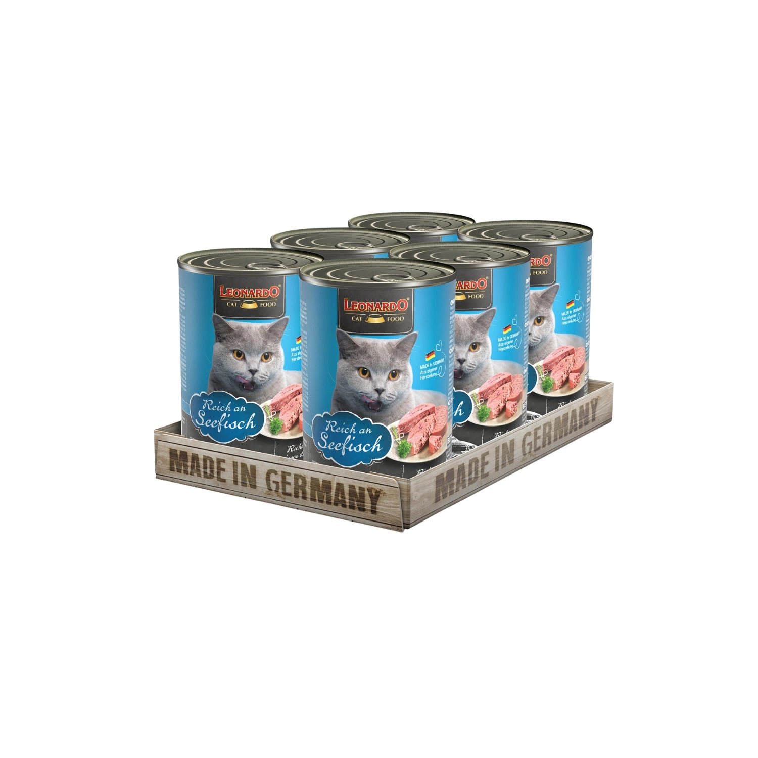Leonardo Lata de Pescado alimento húmedo para gatos pack de 6 latas, envase azul con gato gris y receta rica en pescado de mar.