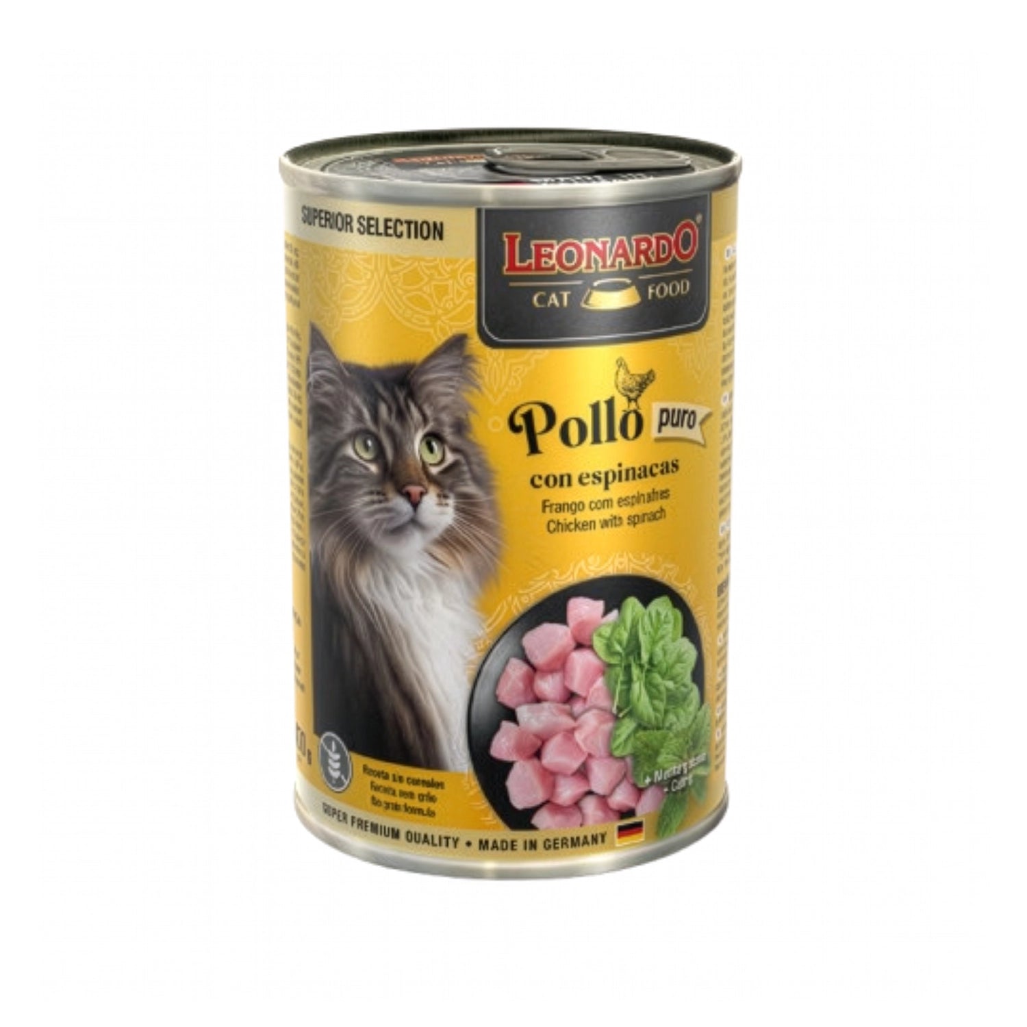 Leonardo Lata Superior Selection Pollo con Espinaca, lata premium con gato y trozos de pollo y espinaca.