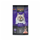 Leonardo Gato Senior alimento para gatos mayores sabor ave, envase morado con retrato de gato blanco y trozos de pollo.
